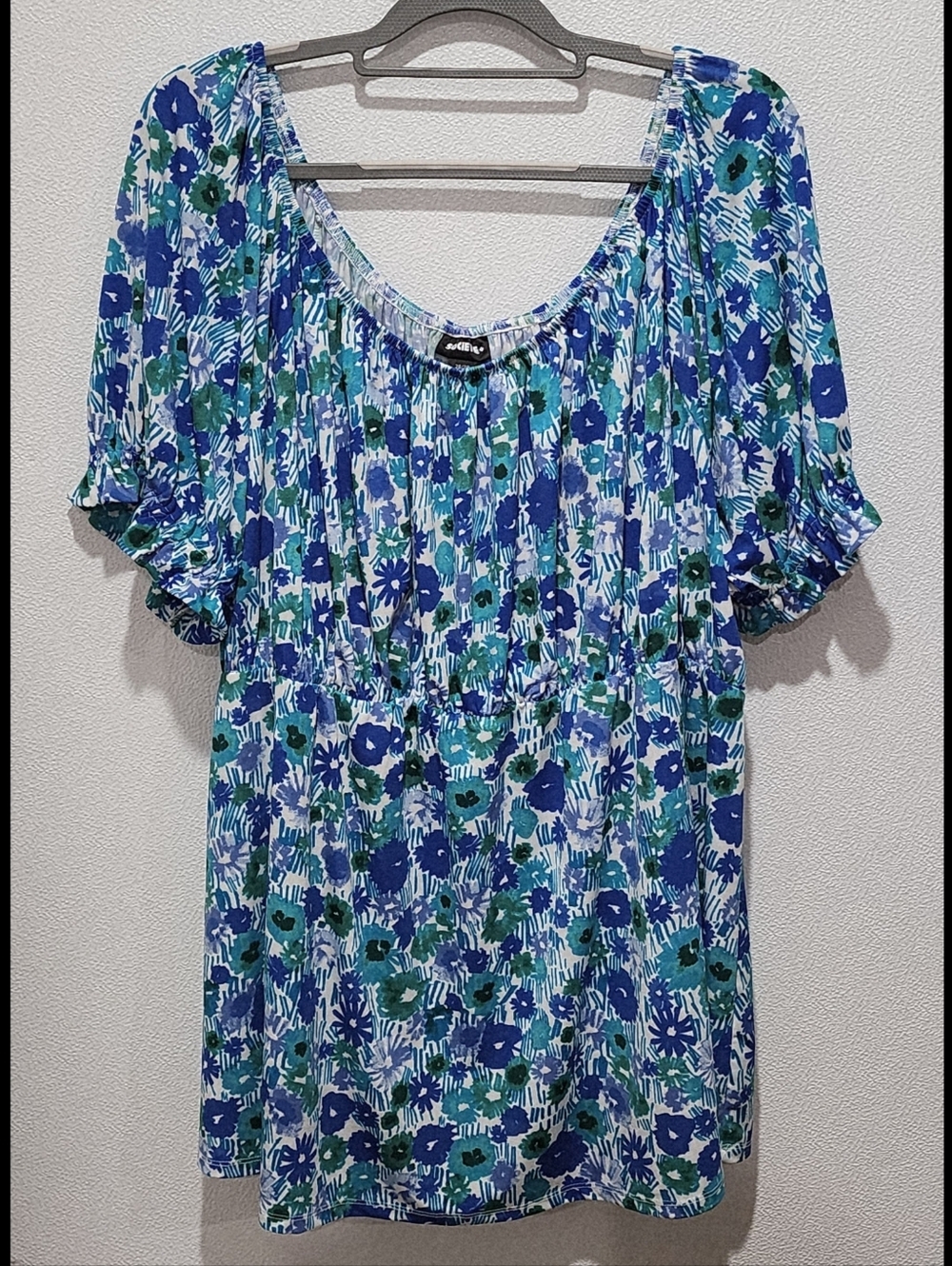 Societie Top Sz 26 28 Blue Green Floral Stretch Knit Waist Ruffle Elastic Sleeve
